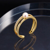 wholesale 925 silver Korean-style elegant commuter fake two-piece open ring adjustable with natural pearl-Double-layer open ring>Adjustable opening