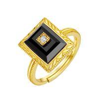 wholesale Wholesale fashion new ethnic style agate ring in gold-plated sterling silver with retro open-end gemstone setting-Black Onyx>Adjustable opening