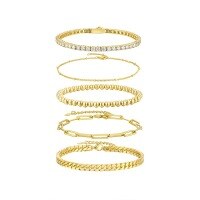 wholesale S925 Silver European and American New Golden Fashion 5-Piece Stackable Bracelet Cross-Border Hot Selling Moissanite Cuban Chain Bracelet-5 bracelets, electric gold 16.5cm