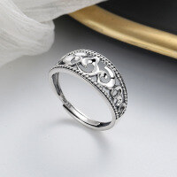 wholesale S925 sterling silver retro ethnic geometric auspicious cloud pattern ring, unique and trendy niche design statement band-320FJ/approx. 2.5g>Adjustable opening