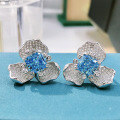 wholesale S925 Sterling Silver 7*7mm Radiant Cut London Blue Topolite Luxurious Full Diamond Floral Stud Earrings for Women-0-0