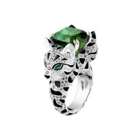 wholesale 925 Silver Gold-Plated Ring with High Carbon Diamonds, Double-Headed Leopard Cat Design, Muzo Green, Versatile Women's Ring for Everyday Wear-Muzo Green 110 catties or less US size 6 (Hong Kong size 12-13 EU size 52) Ring length is about 52MM