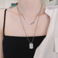wholesale S925 Sterling Silver European and American Minimalist Square Pendant Letter Star Necklace, Ins Hip-hop Personality Double-layer Sweater Chain for Women-074L/approx. 14g>925 silver