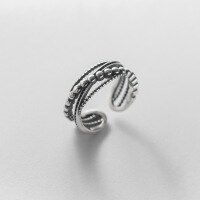 wholesale S925 Sterling Silver Aged Design Cross Line Ring with Multi-Layer Bead-S925 silver ring Adjustable opening