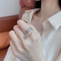 wholesale S925 Sterling Silver Chain-Link Hollow-Out Chinese Character "Fu" Pendant Ring, Retro Ethnic Style Creative Fashion Index Finger Ring-642FJ/approx. 3.7g Adjustable opening