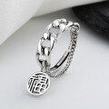 wholesale S925 Sterling Silver Chain-Link Hollow-Out Chinese Character "Fu" Pendant Ring, Retro Ethnic Style Creative Fashion Index Finger Ring-0-2