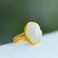 wholesale 925 silver gold-plated openwork "Jade Maiden" ring in court retro style, featuring inlaid Hetian white jade and green jade with ingot motifs-0-1