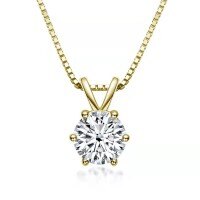 S925 Sterling Silver Moissanite Pendant Necklace, Classic Rabbit Ear Six-Prong Collar Chain-Zircon + Box Necklace (K Gold)  1ct