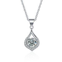 Sterling Silver Moissanite Teardrop Pendant Necklace with Diamond Accents-[Super Sparkling Zircon] 50-point Necklace  925 Silver