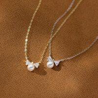 wholesale 925 Sterling Silver Diamond-Embellished Bow Pearl Necklace with Ins Design, Minimalist and Light Luxury Style Y00479-S925 silver necklace gold>925 silver