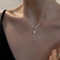 wholesale S925 Sterling Silver Sweet Cross Tassel Inlaid Diamond Starry Y-Collar Necklace D8823 for Women-S925 silver necklace gold 925 silver