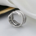 wholesale S925 Sterling Silver Vintage Heavy Wide Feather Adjustable Open Ring Punk Style Statement Ring-0-3