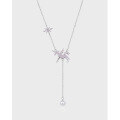 wholesale S925 Sterling Silver Unicorn Long Tassel Pendant Necklace for Women, Korean Style Minimalist Pink Zircon Collarbone Chain with Unique Design-0-1