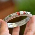 wholesale Sterling Silver with Certificate, Enamel Filigree Antique Auspicious Clouds Inlaid White Jade Ethnic Style Adjustable Bangle Bracelet-0-3