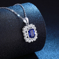 S925 Sterling Silver Moissanite Square Emerald Lab-Grown Ruby Sapphire Necklace-Cultivated sapphire 6*8mm  925 silver