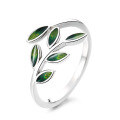 wholesale S925 sterling silver green resin leaf-shaped open ring, fresh and sweet pastoral style women's index finger ring-0-4