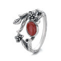 wholesale S925 Sterling Silver Vintage Leaf and Floral Design with Inlaid Southern Red Agate Ring, Pastoral Style Index Finger Ring-0-4