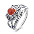 wholesale S925 Sterling Silver Vintage Style Auspicious Cloud Ruyi Design Southern Red Agate Ancient Wind Adjustable Ring for Women-0-4