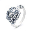 wholesale S925 Sterling Silver Retro Vintage-inspired Literary and Artistic Lotus Leaf and Lotus Flower Creative Matte Finish Open Adjustable Ring-0-4