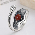 wholesale S925 Sterling Silver Guochao Lotus Inlaid with Southern Red Agate Adjustable Ring Retro Ethnic Style Index Finger Ring-0-2