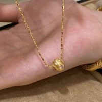 wholesale S925 Sterling Silver Brushed Cat's Eye Small Gold Ball Vintage Starry Pink Diamond Round Ring Necklace Women Light Luxury Retro Collarbone Chain-Gold>925 silver