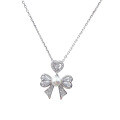wholesale S925 Sterling Silver Pearl and Diamond Bow Heart Necklace, Unique and Sweet Collarbone Chain, Gift for Female Best Friend-0-4