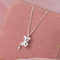 wholesale S925 Sterling Silver Fresh, Sweet, and Lovely Style Diamond-Inlaid Hollow Bear Four-Pointed Star Necklace Y01674-S925 Silver Necklace>925 Silver