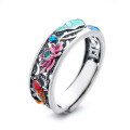 wholesale S925 Sterling Silver Retro Vintage Resin Lotus Color Glaze Ethnic Style Koi Ancient Fashion Trend Adjustable Ring-0-4