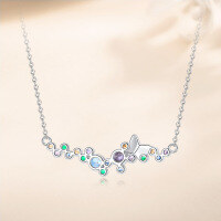 wholesale S925 Sterling Silver Creative Colorful Zircon Butterfly Necklace For Women, Fashionable And Versatile Collarbone Chain-A4212_Medium Purple Blue/Hydrange/Dark Champagne/Green Nano_White Gold Plated 925 Silver