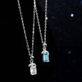 Sterling Silver Natural Blue Topaz Moissanite Necklace Pendant, 1 Carat, Geometric Emerald Cut-0-2