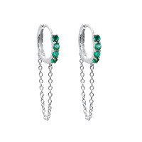 wholesale S925 Sterling Silver Round Hoop Ear Clasp with Zirconia Chain Earrings, Simple and Fashionable Long Elegant Ear Accessories-Platinum-Green Diamond 925 Silver