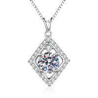 S925 Sterling Silver 1-Carat Moissanite Geometric Rhombus Pendant Necklace-High carbon stone + box chain  925 silver