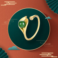 wholesale Gold-plated Sterling Silver New Chinese Style National Trend Imitation Hetian Jade Leaf Ring, Versatile and Elegant, Available for Dropshipping-Leaf Ring Adjustable opening
