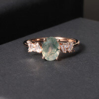 wholesale S925 Sterling Silver Gold-Plated Natural Moss Agate Ring and Stud Earrings Set-Natural water grass agate ring (can be specified in US size 5-10)