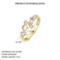 wholesale S925 Sterling Silver Hot-selling Opal Thin Band Ring, Women's Minimalist Design, Open Adjustable, Luxury Elegance-K2407_Synthetic Opal/White Zirconium_18K Yellow Plating_Swimming Paint_Mideo 7 Adjustable Opening