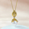 wholesale S925 Gold-Plated French Romantic Gold Leaf 12mm Pearl Pendant Vintage Necklace for Women Drop Shipping-0-0