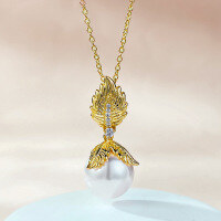 wholesale S925 Gold-Plated French Romantic Gold Leaf 12mm Pearl Pendant Vintage Necklace for Women Drop Shipping-N380 Gold Leaf Pearl Necklace 925 Silver