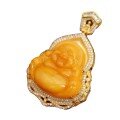 wholesale S925 Silver Natural Beeswax Buddha Pendant, Hand-carved Traditional Chinese Style Laughing Buddha in Chicken-fat Yellow Amber-0-4