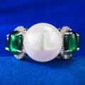 wholesale Jewelry in 925 Silver, 12mm Pearl with Simulated Emerald Cabochon Wedding Ring for Women, European and American Cross-border Ins Style-0-0