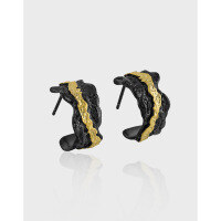 wholesale S925 sterling silver Korean-style high-end edgy niche minimalist textured two-tone electroplated earrings for women-Black+18K Gold>925 Silver