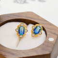 wholesale S925 Sterling Silver Japanese Light Luxury Blue Green Quartz Vintage Earrings for Women, Hypoallergenic, Palace Style-0-3