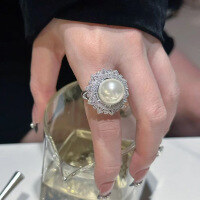 wholesale S925 Silver New Style Pearl Inlaid Ring 14mm Elegant Textured Women's Silver Ring-R449 Pearl Ring Size 6