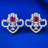 wholesale S925 Sterling Silver 1 Carat European and American Vintage Ruby Stud Earrings for Women, Fashionable and Versatile New Collection by Mu Jing Jewelry-E393 Red Diamond 925 Silver