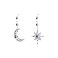 wholesale 925 Sterling Silver Asymmetrical Star Moon Earrings With Colorful Zirconia-E2774-White Gold 925 Silver