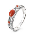 wholesale S925 Sterling Silver Vintage Style Floral Pattern Accented with Southern Red Agate Artistic Open-End Ring-0-4