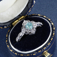 S925 Silver Four-Leaf Clover Ring with Natural Guatemalan Blue Jadeite-Inlaid with natural blue jadeite; adjustable opening