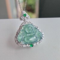 wholesale S925 Silver Inlaid Natural Weicui Blue Water Jadeite Buddha Pendant Necklace, Full Green Maitreya Buddha Pendant Live Streaming Wholesale-Emerald Blue Water Buddha Pendant 925 Silver