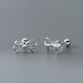 wholesale S925 Sterling Silver Sweet and Elegant Hollow Bow Stud Earrings with Simple Smooth Beads and Threaded Design for Women M04908-0-2