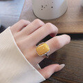wholesale S925 Sterling Silver Vintage Weathered Amber Stone Square Sugar Retro Imperial Palace Style Elegant Design Adjustable Ring-0-1