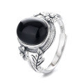 wholesale S925 Sterling Silver Leaf Flower Egg-Shaped Black Zircon Ring Vintage Literary Palace Style Elegant Index Finger Ring-0-4